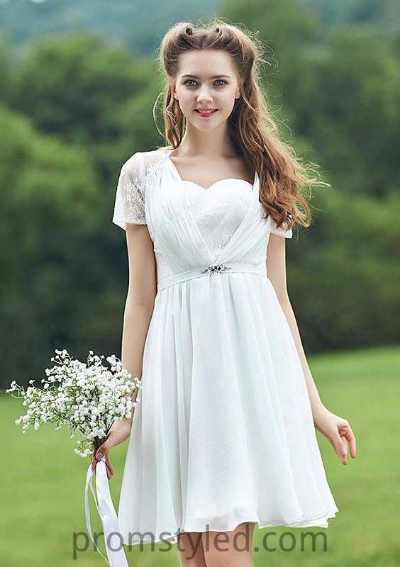 Short/Mini Scalloped Neck Short Sleeve Chiffon A-line/Princess Bridesmaid Dresseses With Lace Brooklynn HLP0025520