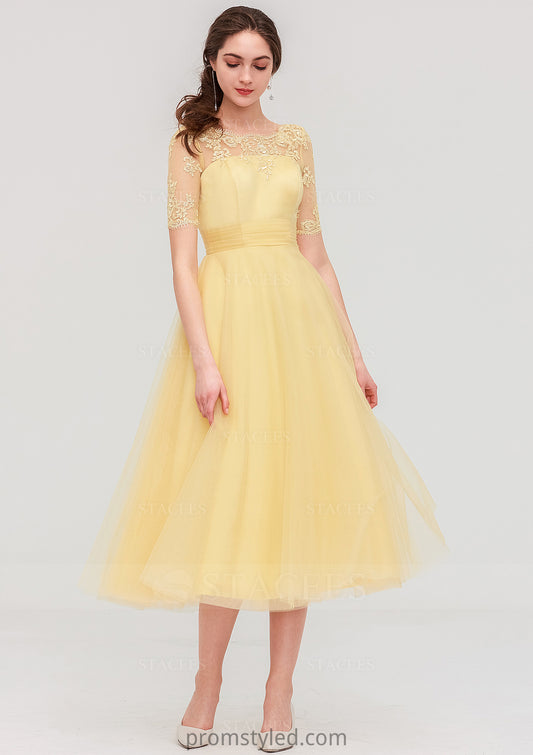 Bateau Short Sleeve A-line/Princess Tulle Tea-Length  Bridesmaid Dresses With Pleated Lace Sahna HLP0025522