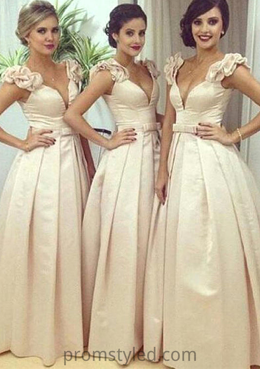 Sleeveless V Neck Long/Floor-Length A-line/Princess Satin Bridesmaid Dresseses With Pleated Waistband Lacey HLP0025536