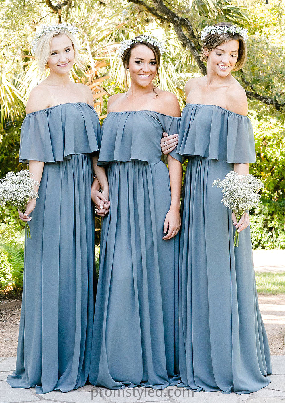 Off-The-Shoulder A-Line/Princess Long/Floor-Length Chiffon Bridesmaid Dresses With Ruffles Brynlee HLP0025555