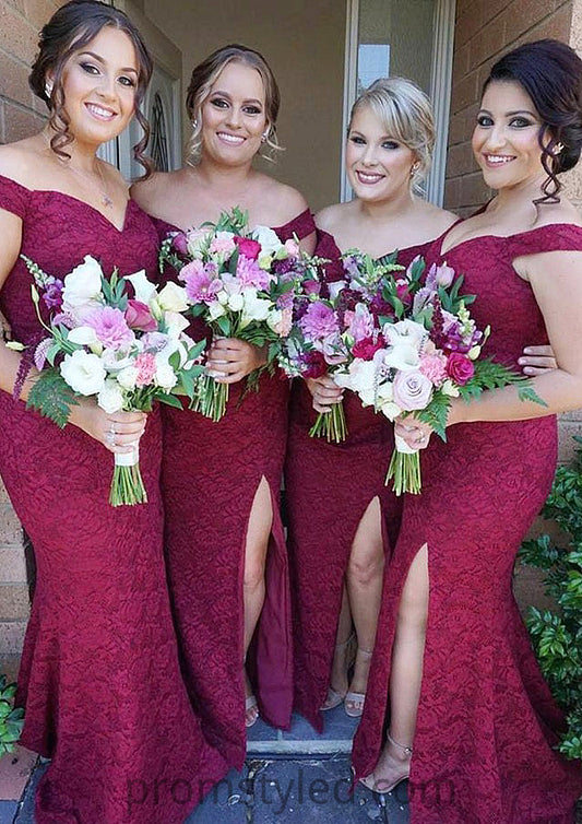 Sleeveless Off-the-Shoulder Long/Floor-Length Trumpet/Mermaid Lace Bridesmaid Dresseses With Split Nydia HLP0025562