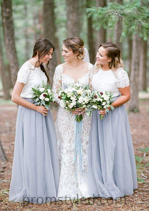 Short Sleeve Scoop Neck Long/Floor-Length A-line/Princess Tulle Bridesmaid Dresseses With Lace Giselle HLP0025563