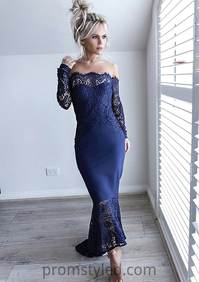 Off-the-Shoulder Full/Long Sleeve Asymmetrical Trumpet/Mermaid Lace Bridesmaid Dresseses Nathaly HLP0025566