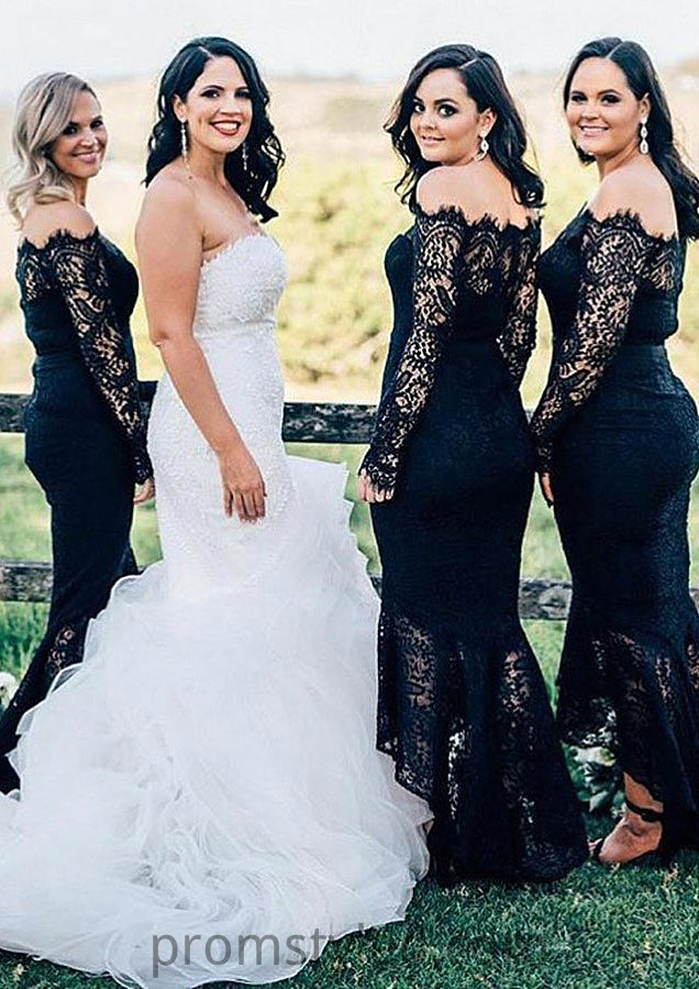 Off-the-Shoulder Full/Long Sleeve Asymmetrical Trumpet/Mermaid Lace Bridesmaid Dresseses Nathaly HLP0025566