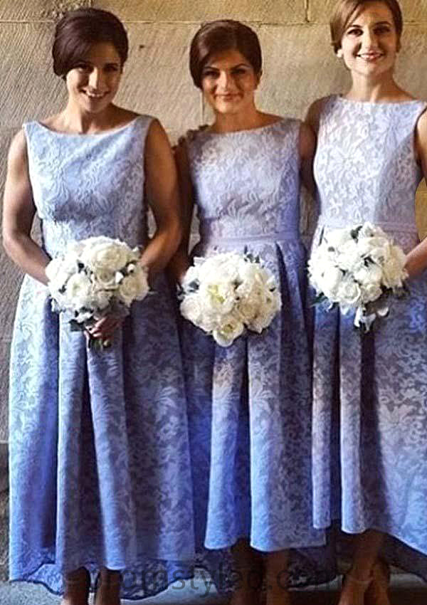 Bateau Sleeveless Asymmetrical A-line/Princess Lace Bridesmaid Dresseses With Pleated Jimena HLP0025576