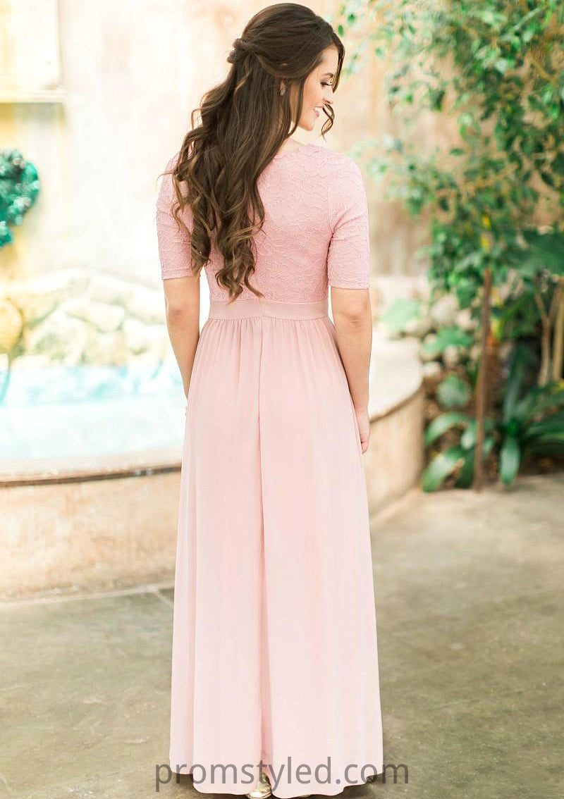 Scoop Neck Short Sleeve Ankle-Length A-line/Princess Chiffon Bridesmaid Dresses With Lace Pleated Tanya HLP0025580