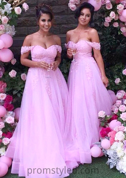 Sleeveless Off-the-Shoulder Long/Floor-Length Tulle A-line/Princess Bridesmaid Dresseses With Lace Brooklynn HLP0025589