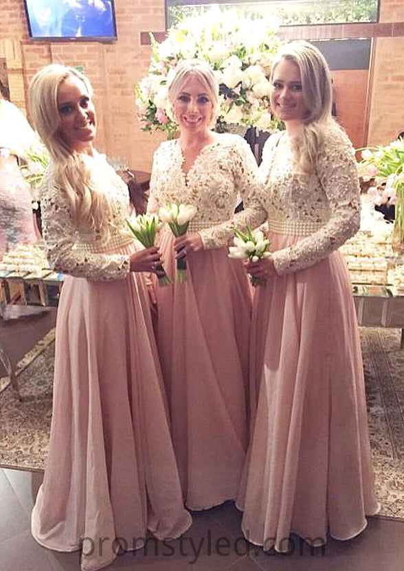 Full/Long Sleeve Scalloped Neck A-line/Princess Chiffon Long/Floor-Length Bridesmaid Dresseses With Beading Lace Ashly HLP0025602