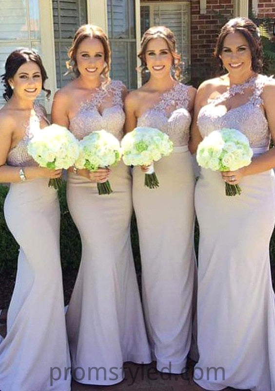 Sleeveless One-Shoulder Long/Floor-Length Trumpet/Mermaid Elastic Satin Bridesmaid Dresseses With Lace Isla HLP0025605