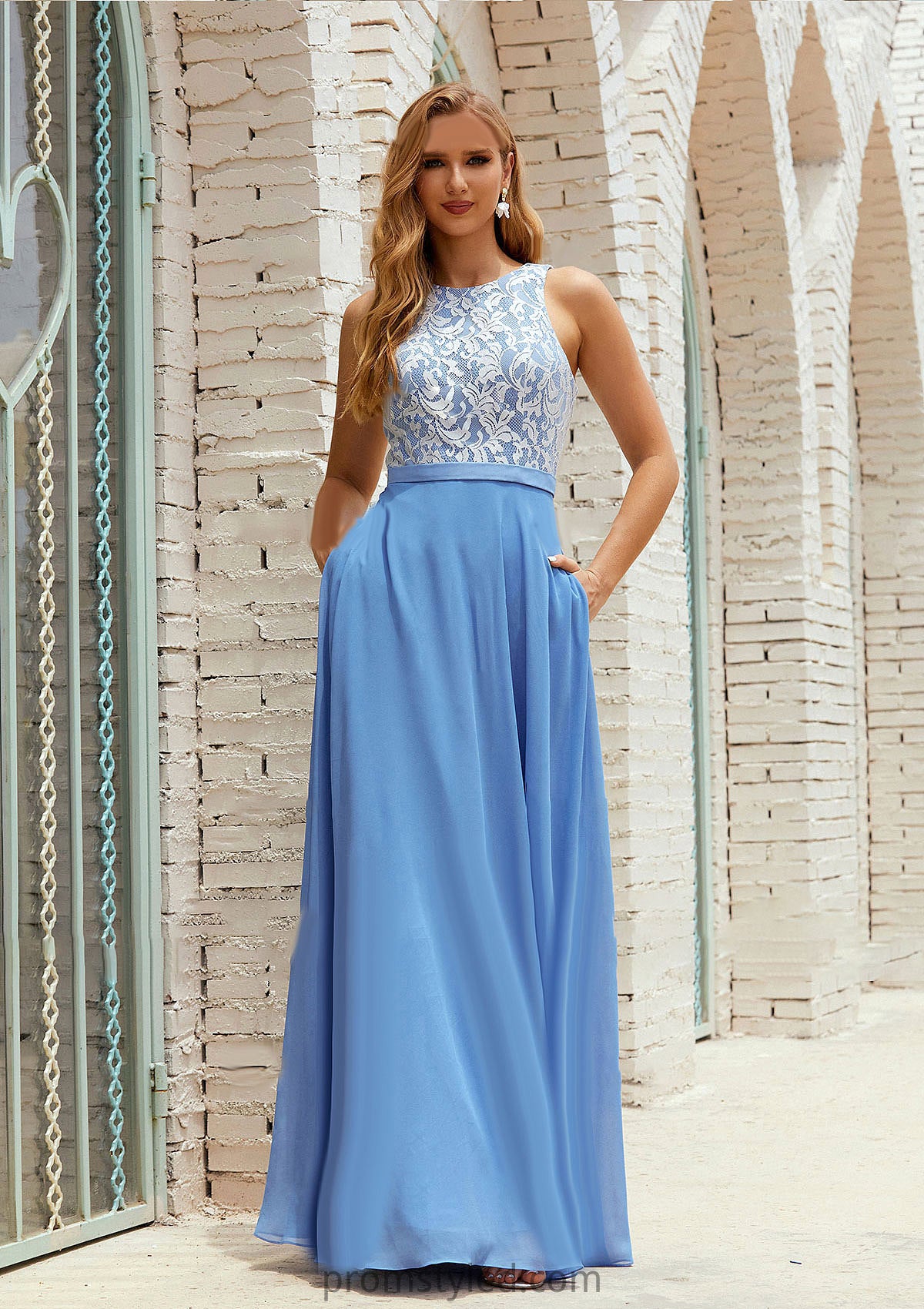 A-line Scoop Neck Sleeveless Chiffon Long/Floor-Length Bridesmaid Dresses With Pockets Lace Maisie HLP0025616