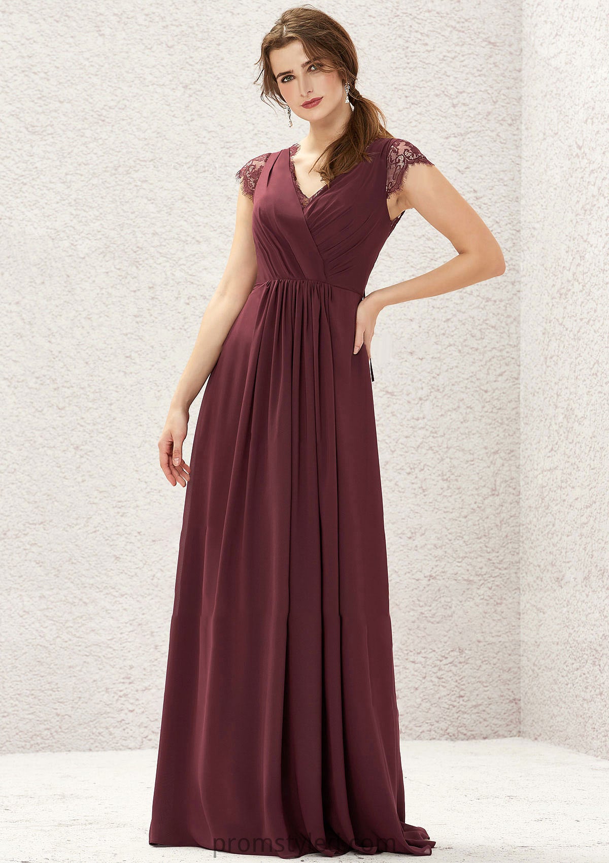 A-line V Neck Sleeveless Chiffon Long/Floor-Length Bridesmaid Dresses With Pleated Lace Macey HLP0025627