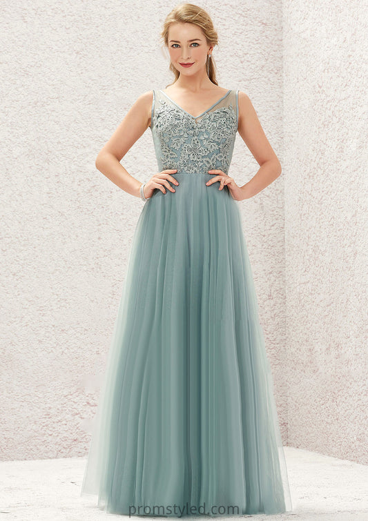 A-line V Neck Sleeveless Tulle Long/Floor-Length Bridesmaid Dresses With Lace Miley HLP0025628