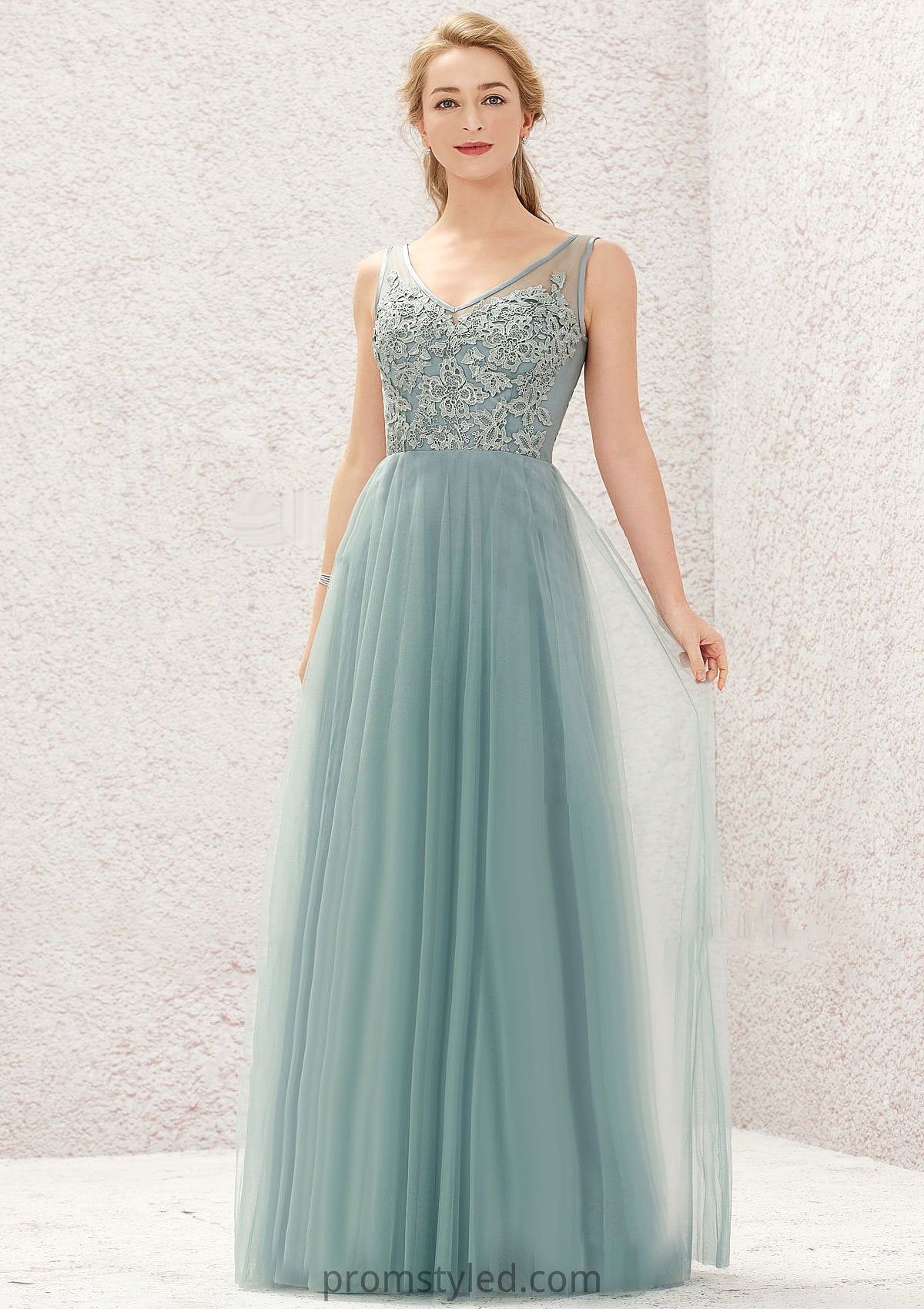 A-line V Neck Sleeveless Tulle Long/Floor-Length Bridesmaid Dresses With Lace Miley HLP0025628