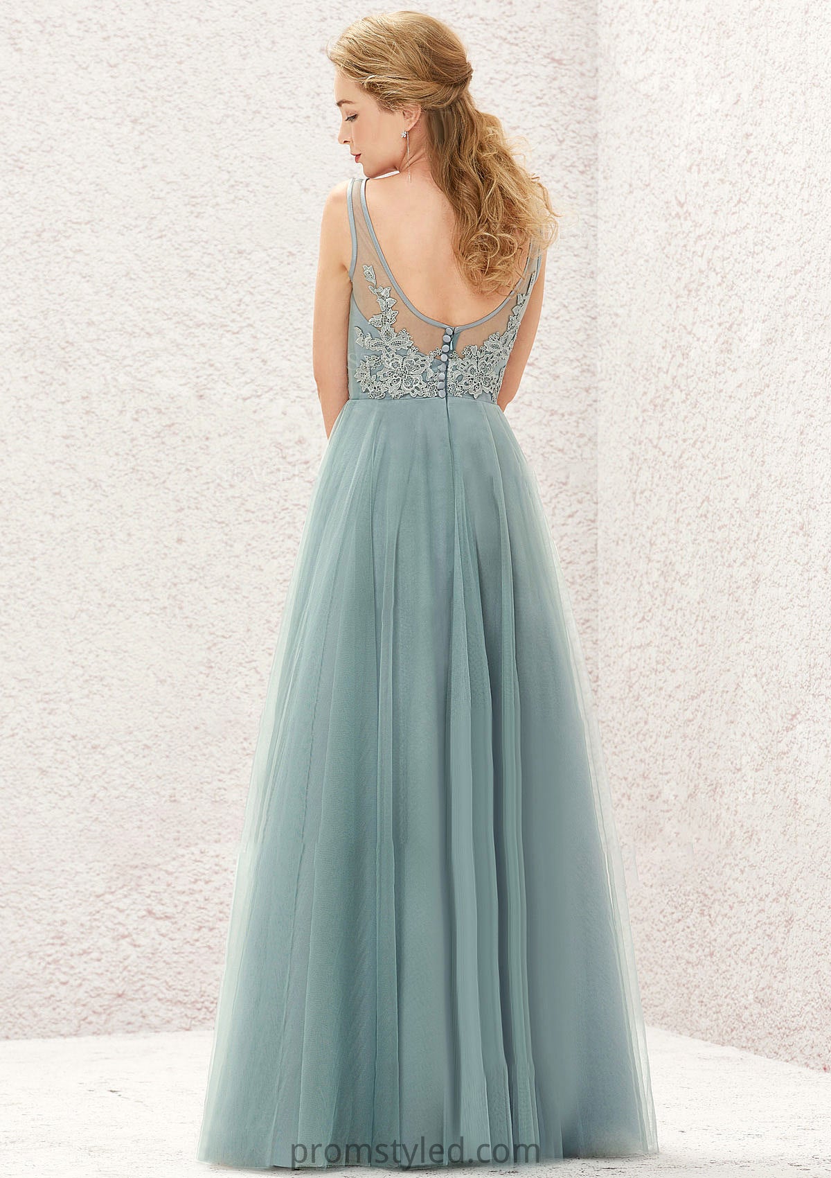 A-line V Neck Sleeveless Tulle Long/Floor-Length Bridesmaid Dresses With Lace Miley HLP0025628