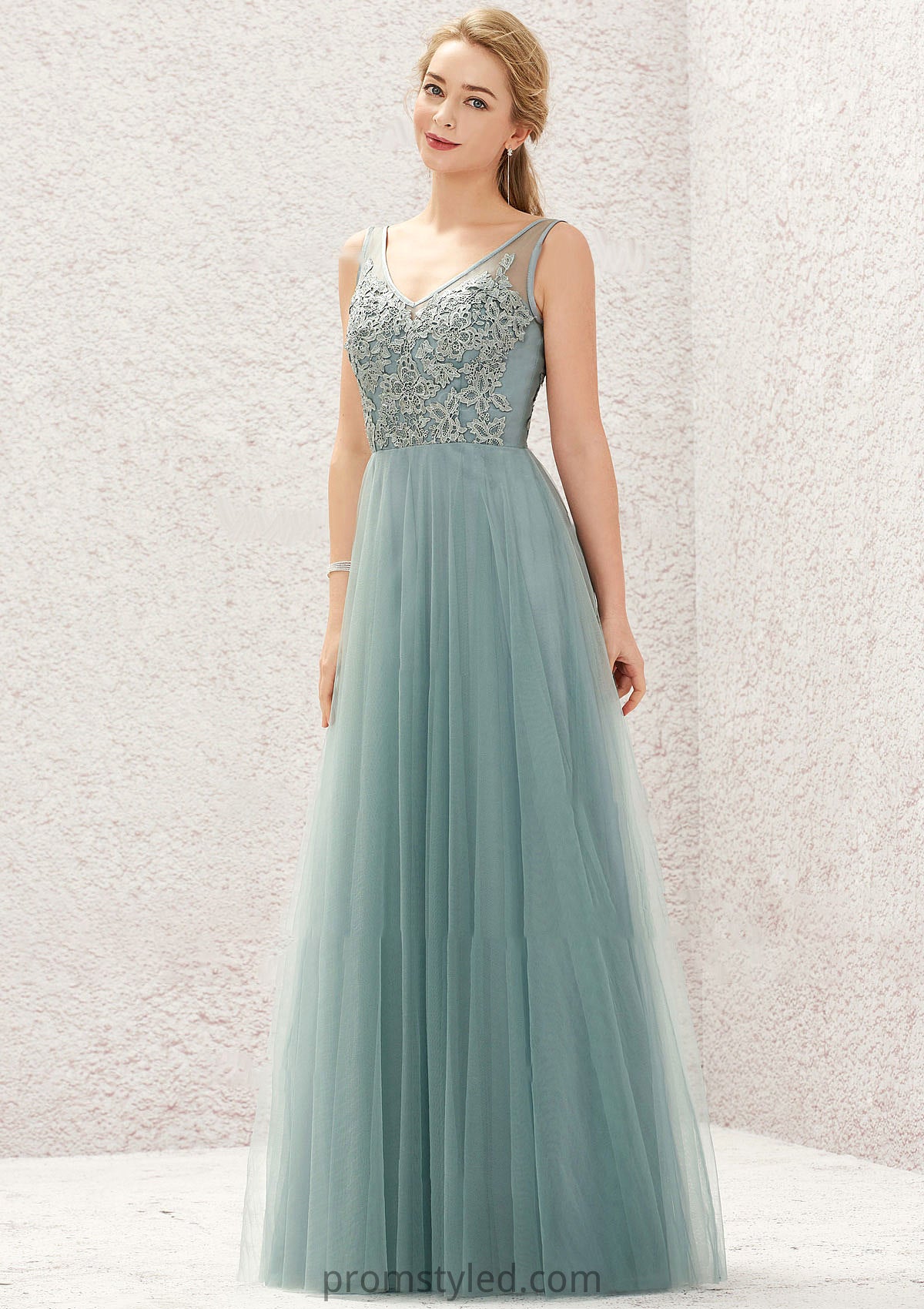 A-line V Neck Sleeveless Tulle Long/Floor-Length Bridesmaid Dresses With Lace Miley HLP0025628