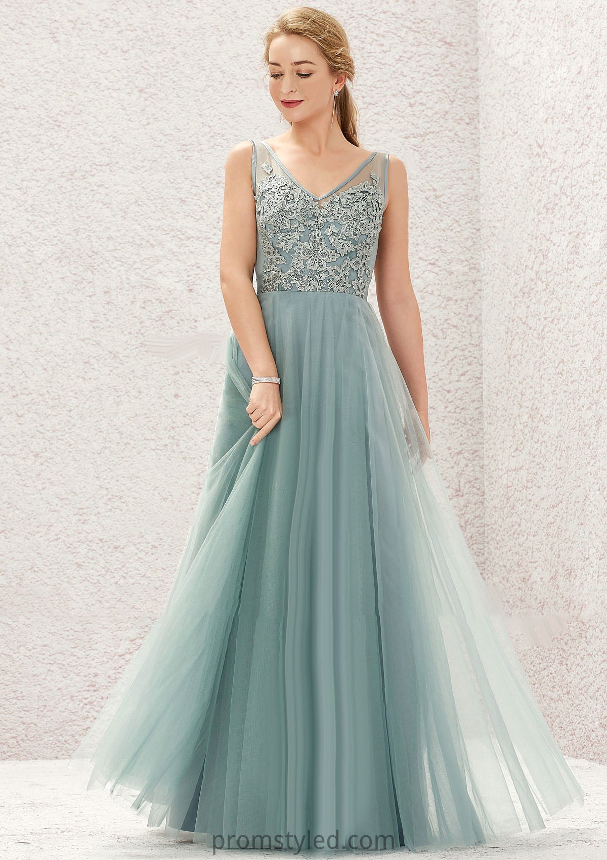 A-line V Neck Sleeveless Tulle Long/Floor-Length Bridesmaid Dresses With Lace Miley HLP0025628