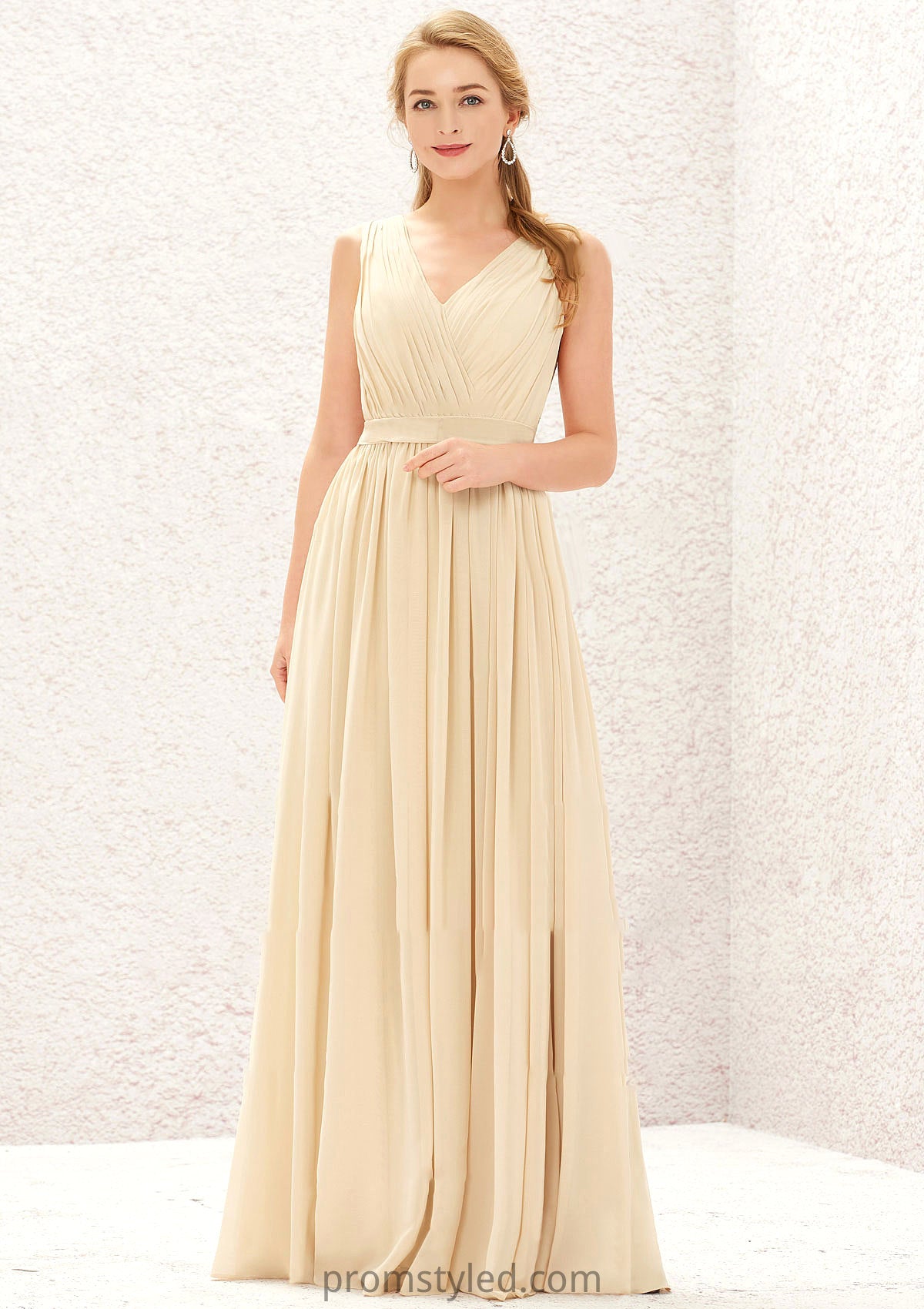 A-line V Neck Sleeveless Chiffon Long/Floor-Length Bridesmaid Dresses With Appliqued Sashes Pleated Taniyah HLP0025630