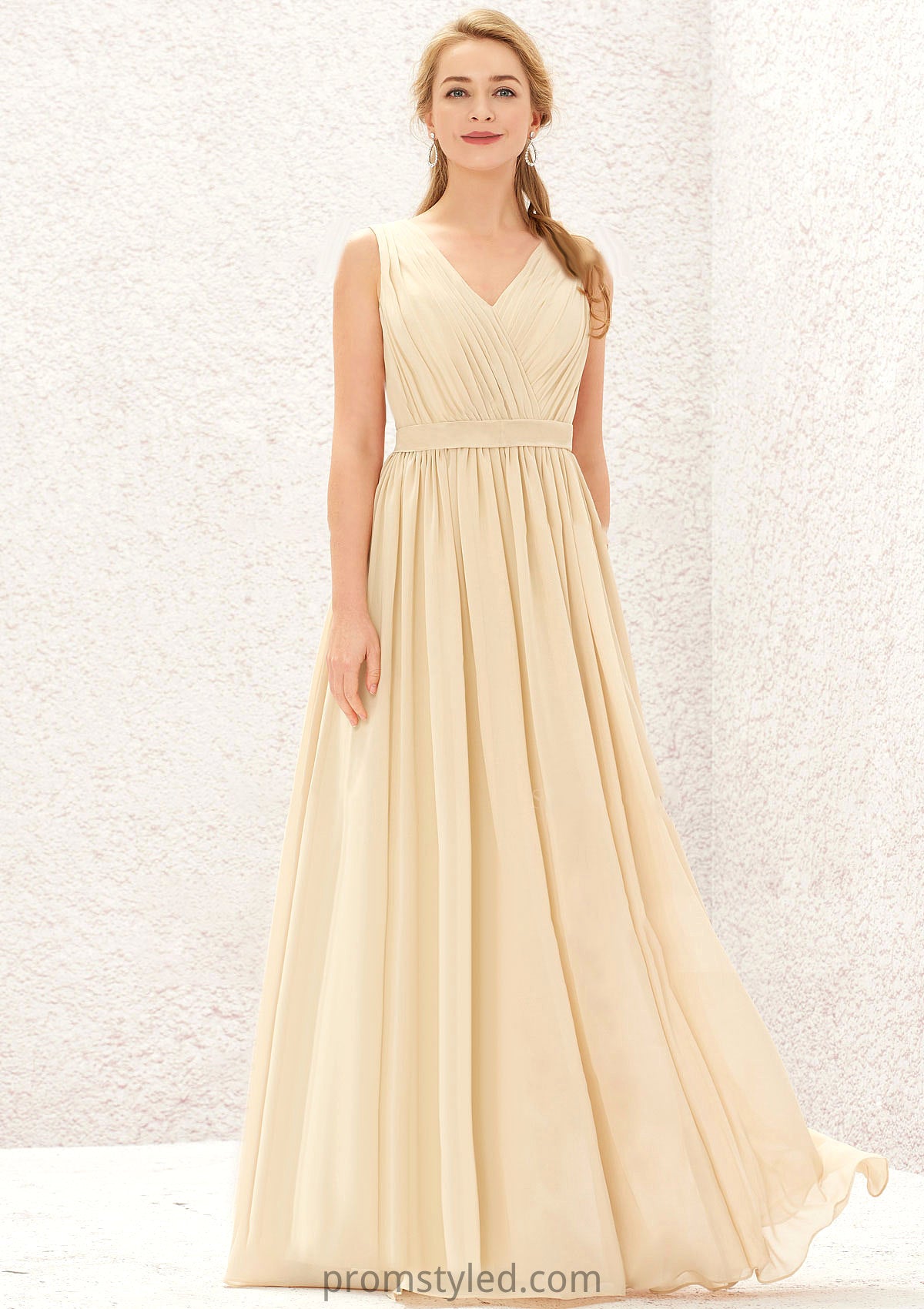 A-line V Neck Sleeveless Chiffon Long/Floor-Length Bridesmaid Dresses With Appliqued Sashes Pleated Taniyah HLP0025630