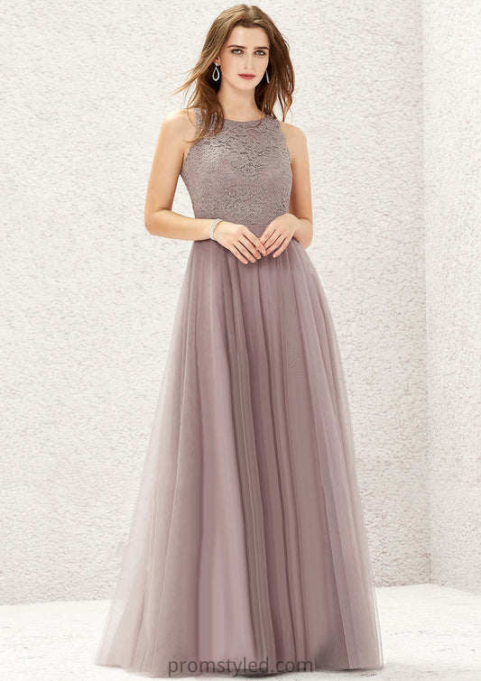 A-line Scoop Neck Sleeveless Lace Tulle Long/Floor-Length Bridesmaid Dresses Makayla HLP0025631