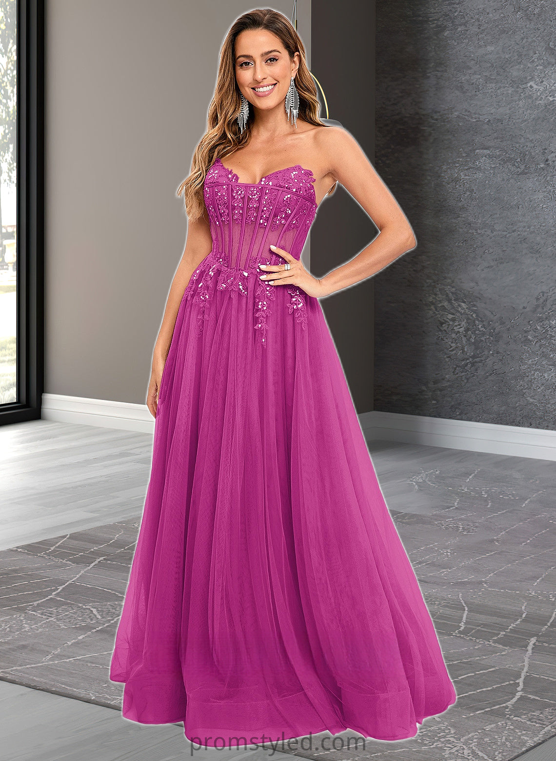 Ashlee Ball-Gown/Princess V-Neck Floor-Length Tulle Prom Dresses With Sequins Appliques Lace HLP0025837