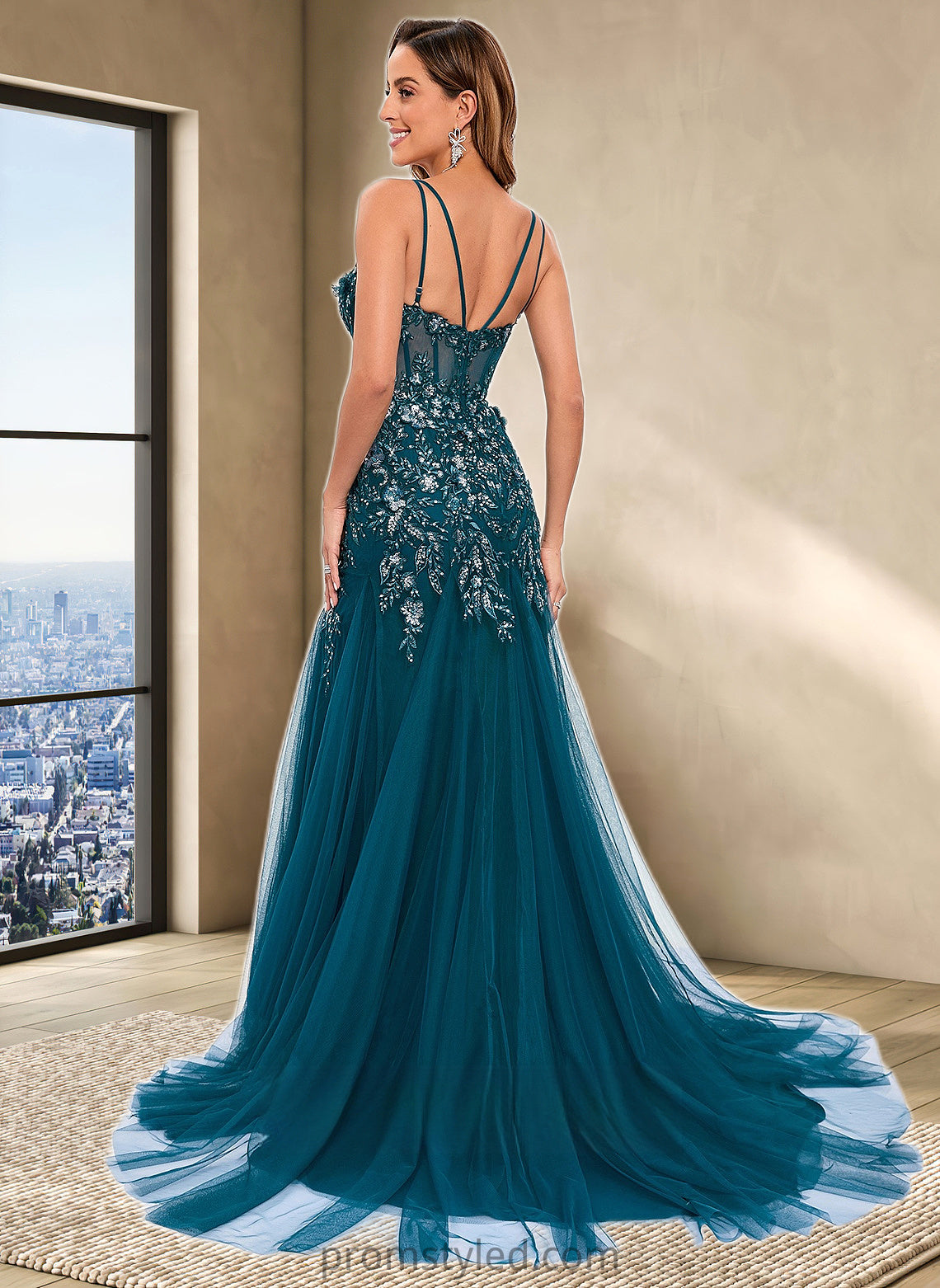 Sydney Trumpet/Mermaid V-Neck Sweep Train Tulle Prom Dresses With Sequins Appliques Lace HLP0025853