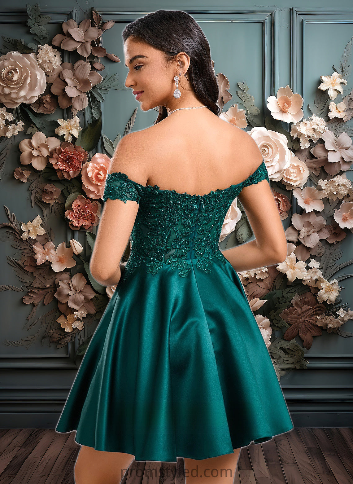 Cara A-line Off the Shoulder Short Lace Satin Homecoming Dress With Rhinestone HLP0025718