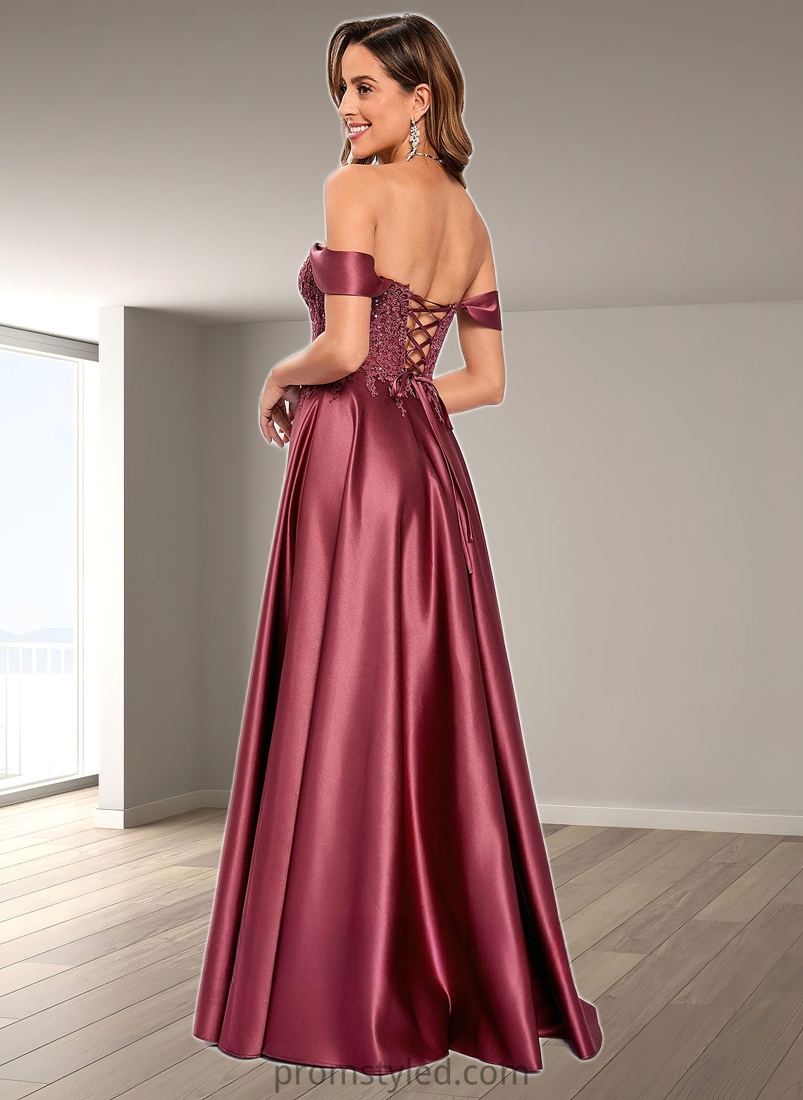 Christina A-line Off the Shoulder Floor-Length Satin Lace Prom Dresses With Sequins HLP0025841