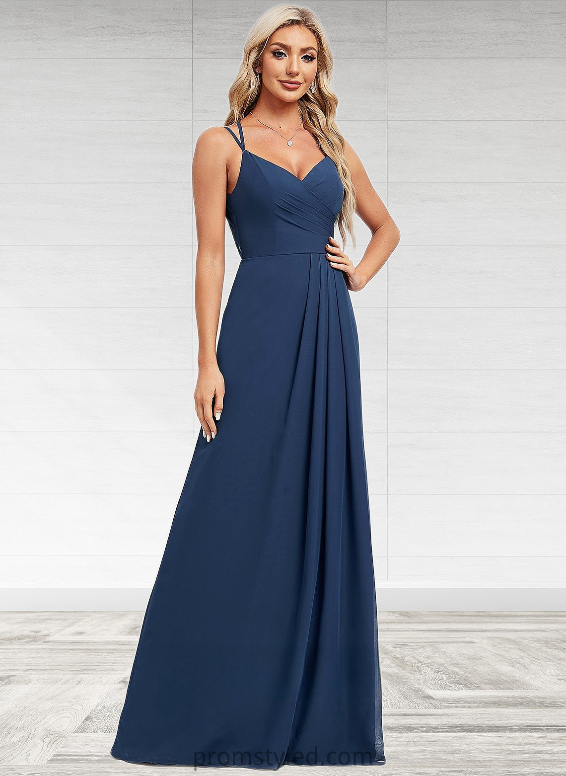 Suzanne A-line V-Neck Floor-Length Chiffon Bridesmaid Dress HLP0025803