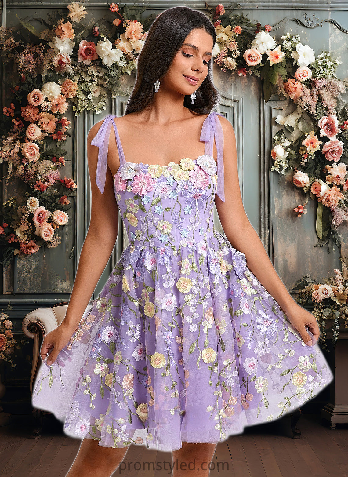 Kaydence A-line Scoop Short Floral Lace Homecoming Dress With Bow 3D Floral HLP0025695