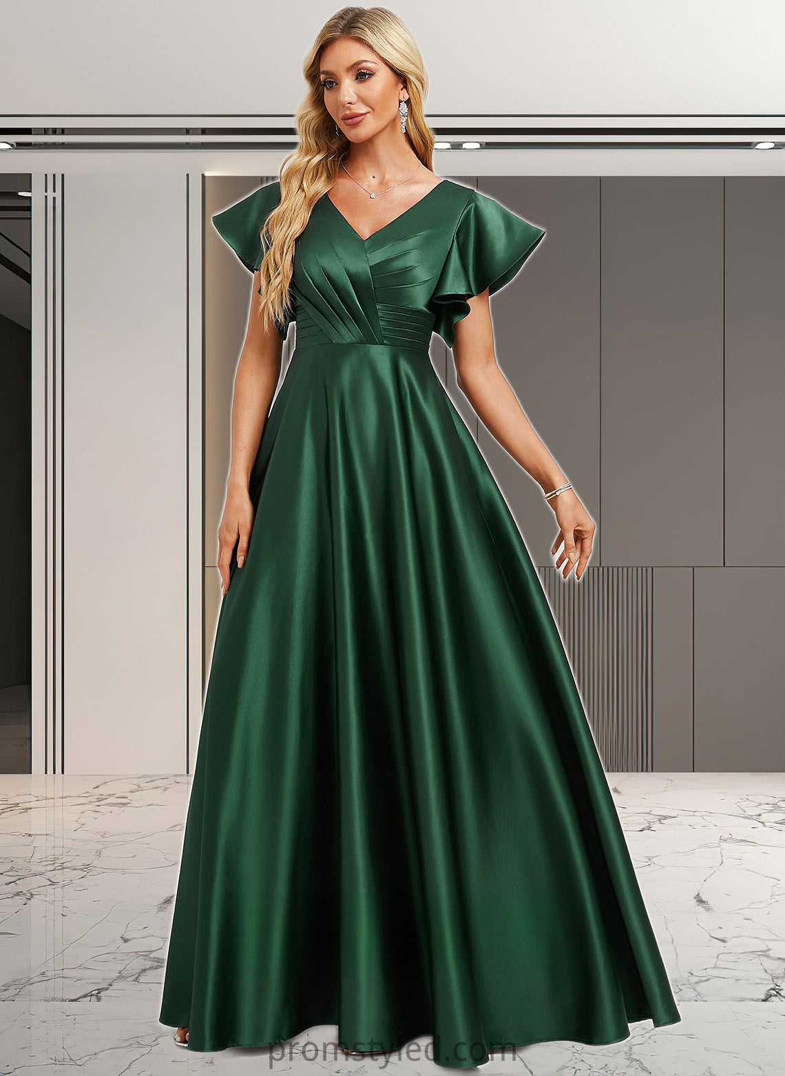 Viola A-line V-Neck Floor-Length Satin Bridesmaid Dress With Ruffle HLP0025777