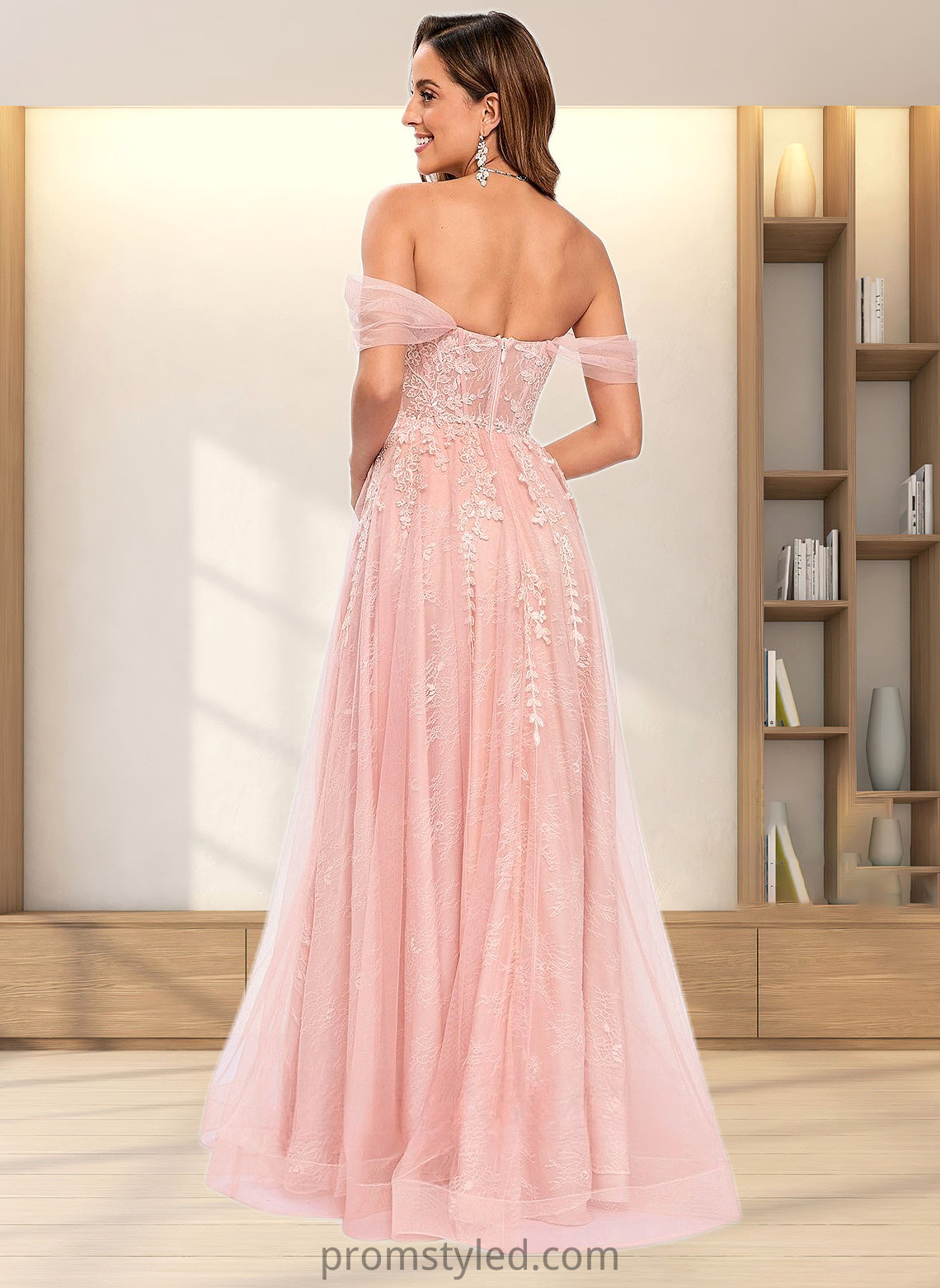 Baylee A-line Sweetheart Off the Shoulder Floor-Length Tulle Floral Lace Prom Dresses With Appliques Lace HLP0025870