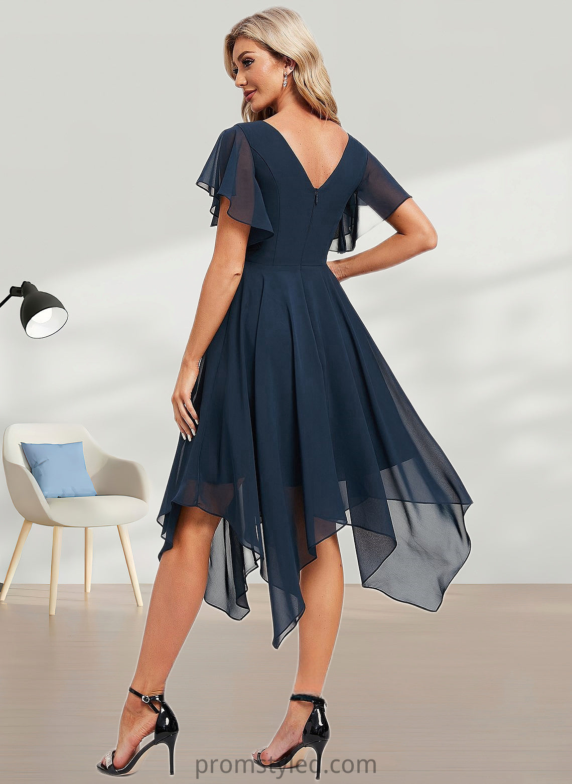 Zariah A-line V-Neck Asymmetrical Chiffon Bridesmaid Dress With Ruffle HLP0025804