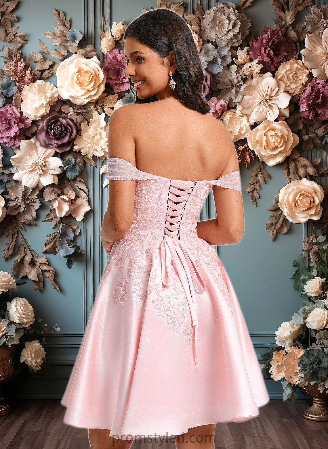 Charlotte A-line Off the Shoulder Short Satin Homecoming Dress With Rhinestone Beading Appliques Lace HLP0025679