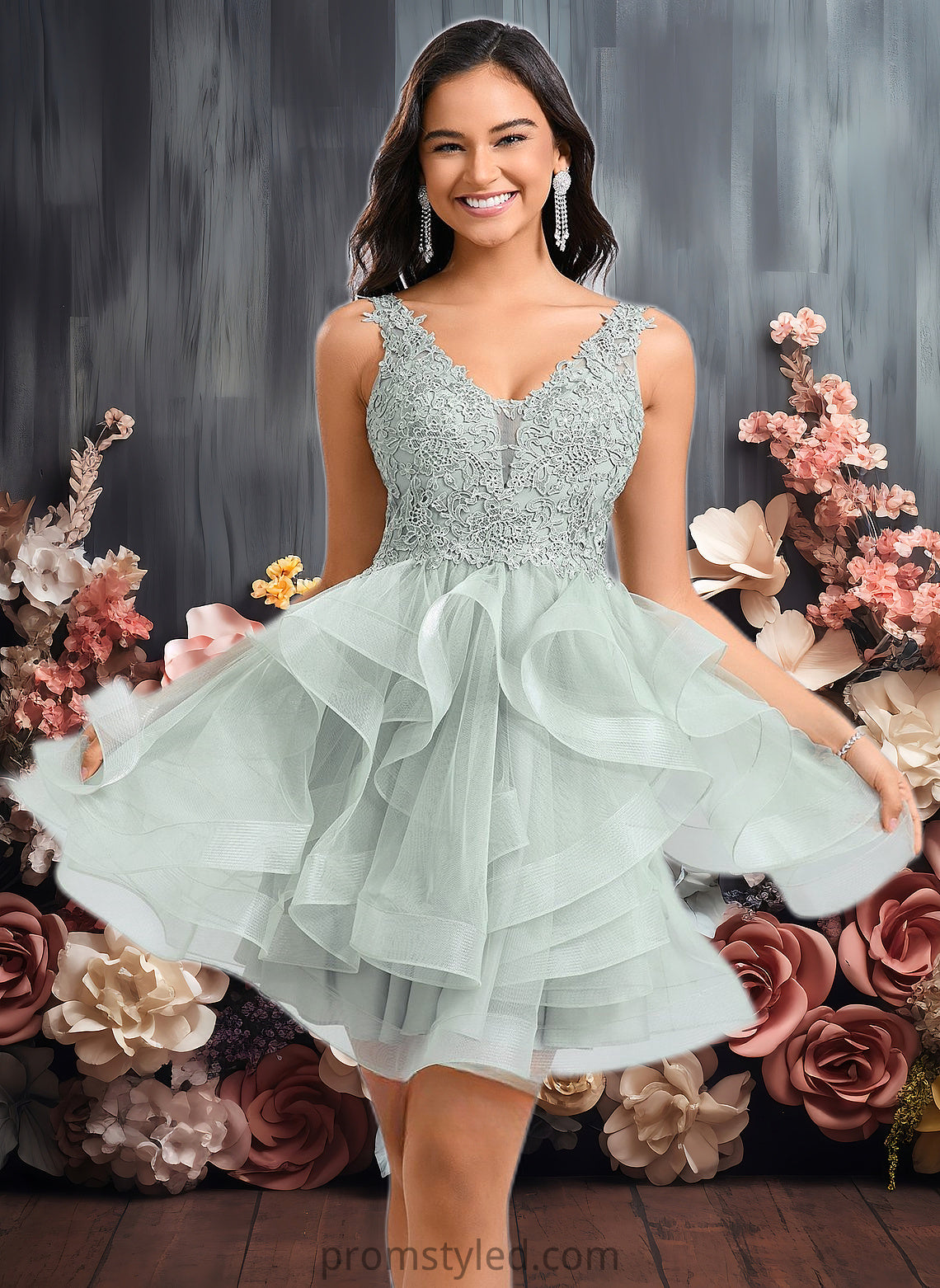 Cheryl Ball-Gown/Princess V-Neck Short Tulle Lace Homecoming Dress HLP0025671