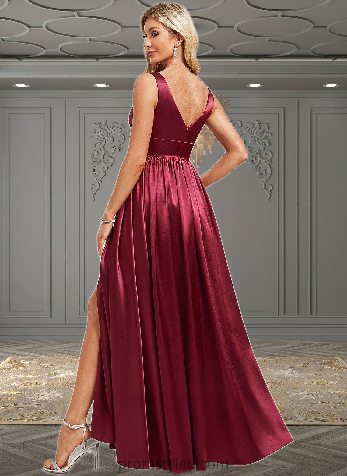 Jadyn A-line V-Neck Floor-Length Stretch Satin Bridesmaid Dress HLP0025771