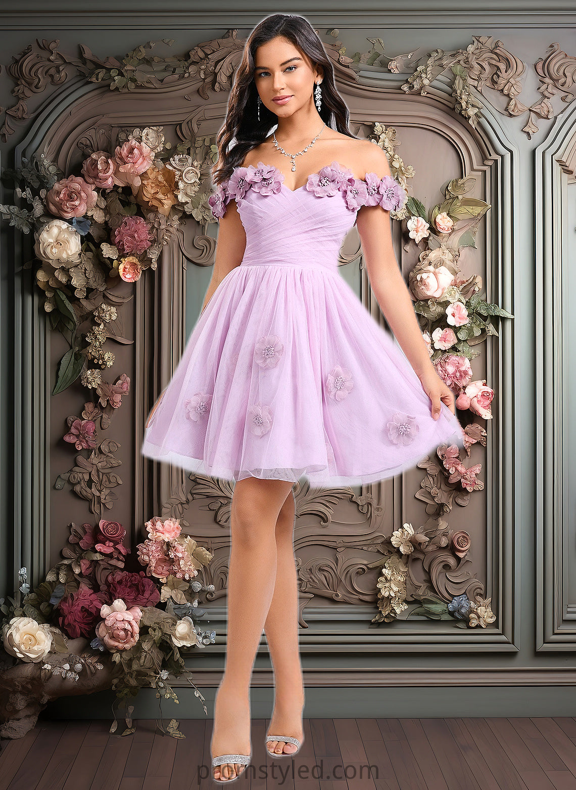 Cara Ball-Gown/Princess Off the Shoulder Short Tulle Homecoming Dress With Pleated Flower HLP0025668