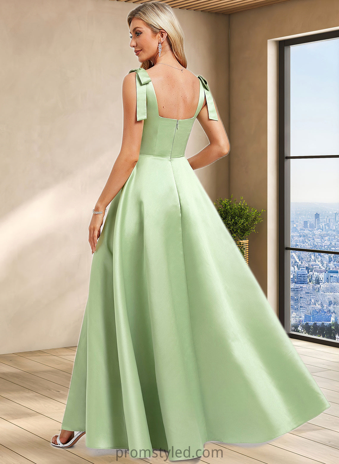 Mareli A-line Square Floor-Length Satin Bridesmaid Dress With Bow HLP0025778