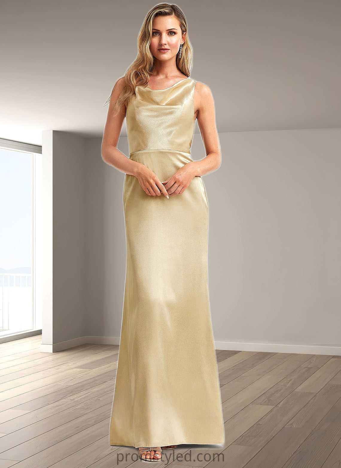 Brittany A-line Cowl Floor-Length Stretch Satin Bridesmaid Dress HLP0025764