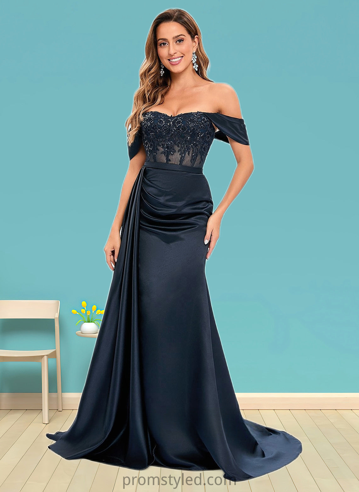 Lisa Trumpet/Mermaid Off the Shoulder Sweep Train Satin Prom Dresses With Sequins Appliques Lace HLP0025835