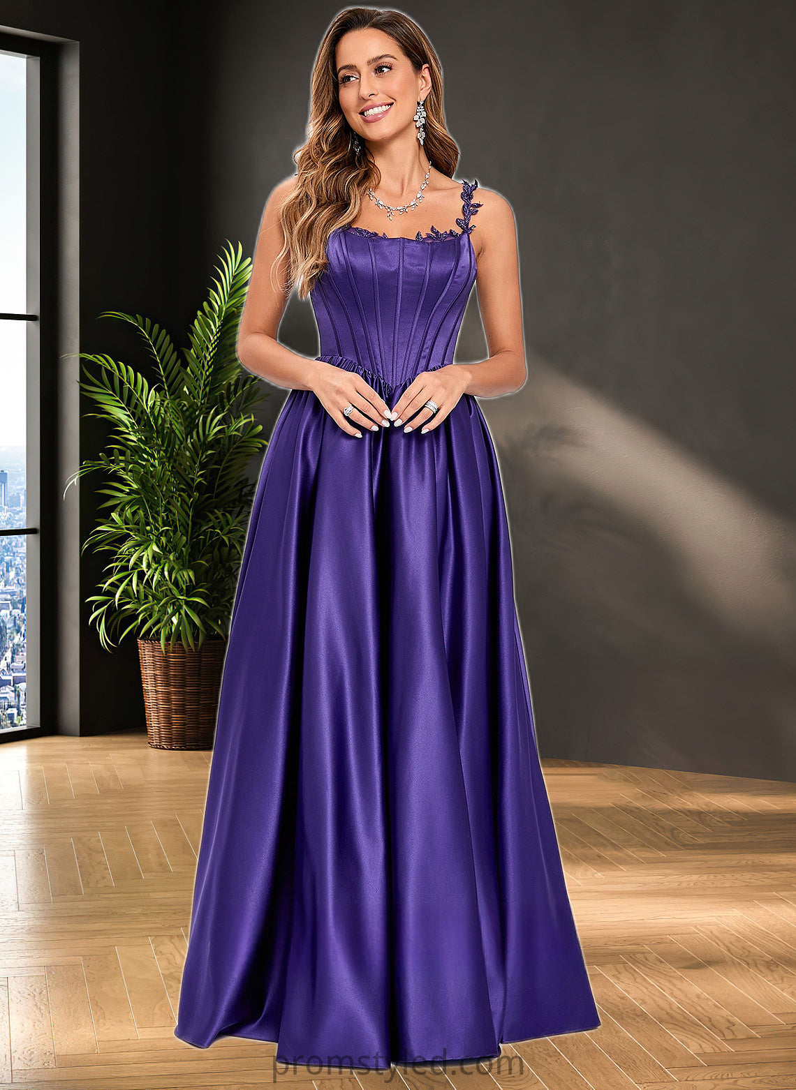 Maci Ball-Gown/Princess Scoop Floor-Length Satin Prom Dresses With Appliques Lace Beading HLP0025865