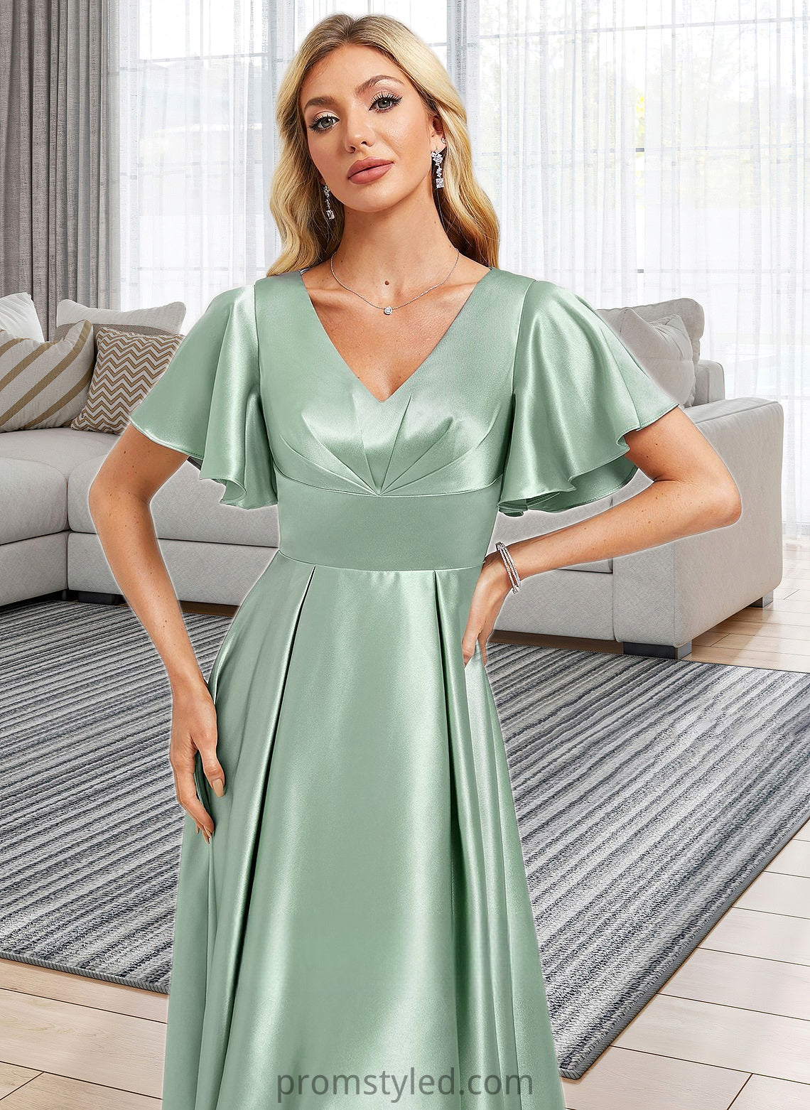 Ashanti A-line V-Neck Asymmetrical Stretch Satin Bridesmaid Dress With Ruffle HLP0025772