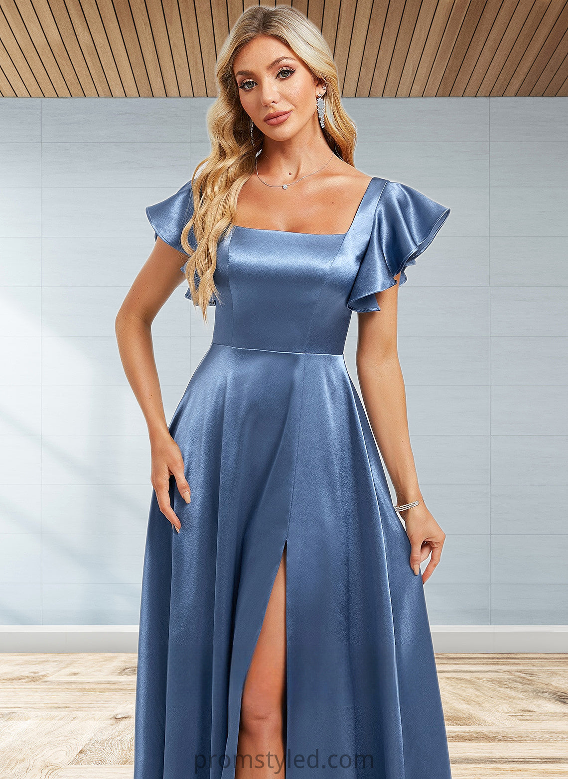 Ada A-line Square Floor-Length Stretch Satin Bridesmaid Dress With Ruffle HLP0025769