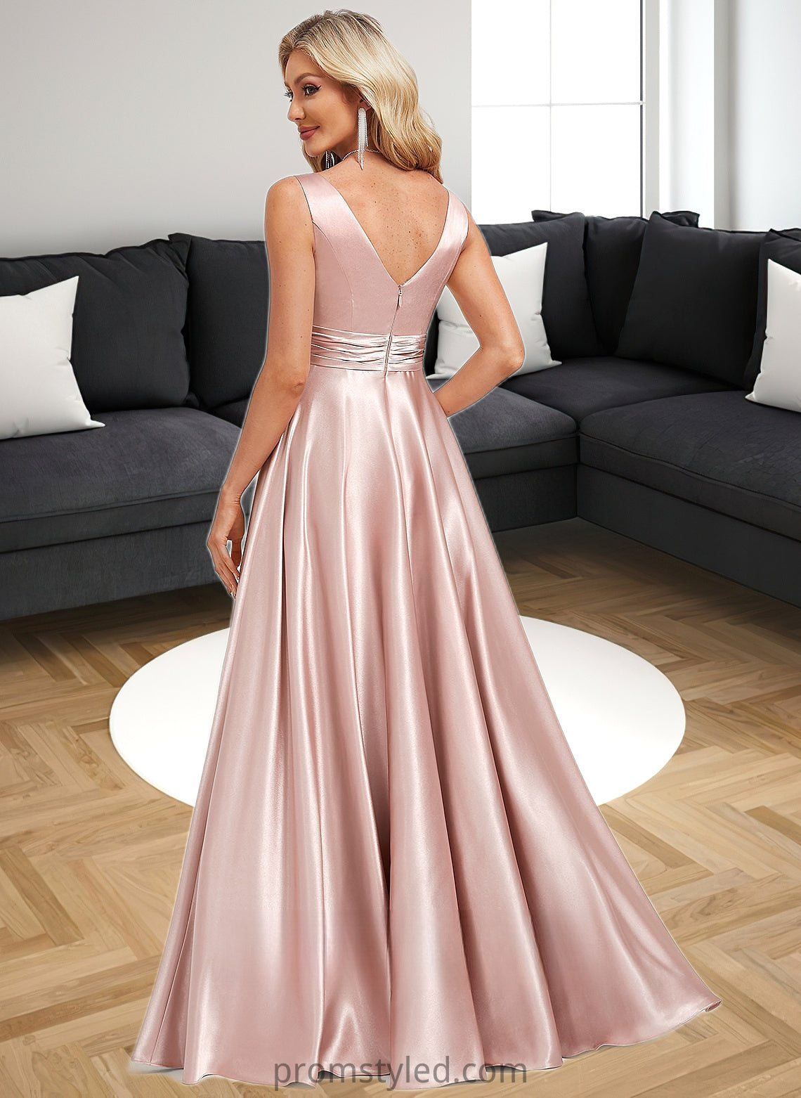 Jacqueline A-line V-Neck Floor-Length Stretch Satin Bridesmaid Dress HLP0025779