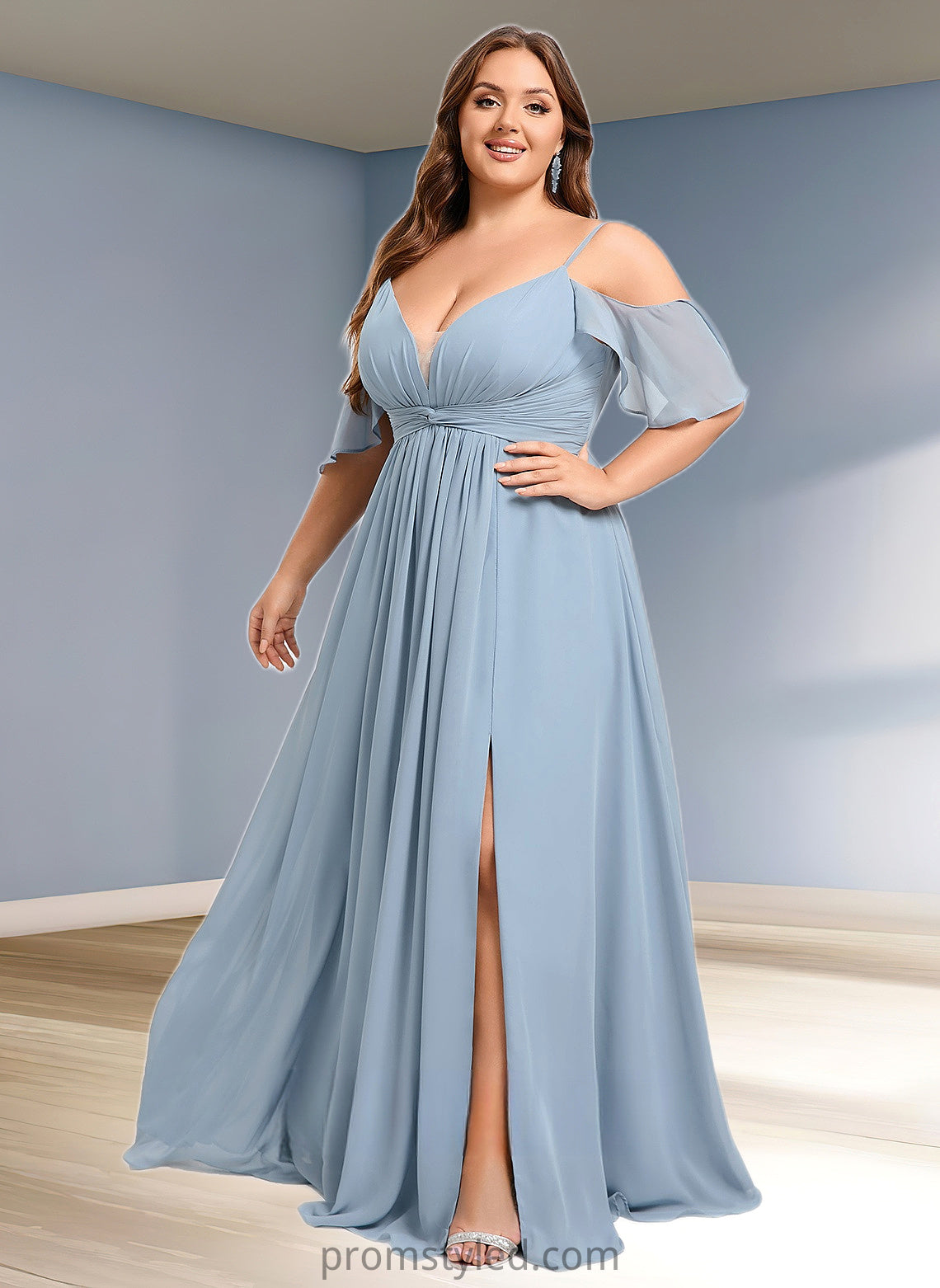 Rosa A-line Cold Shoulder Floor-Length Chiffon Bridesmaid Dress With Ruffle HLP0025797