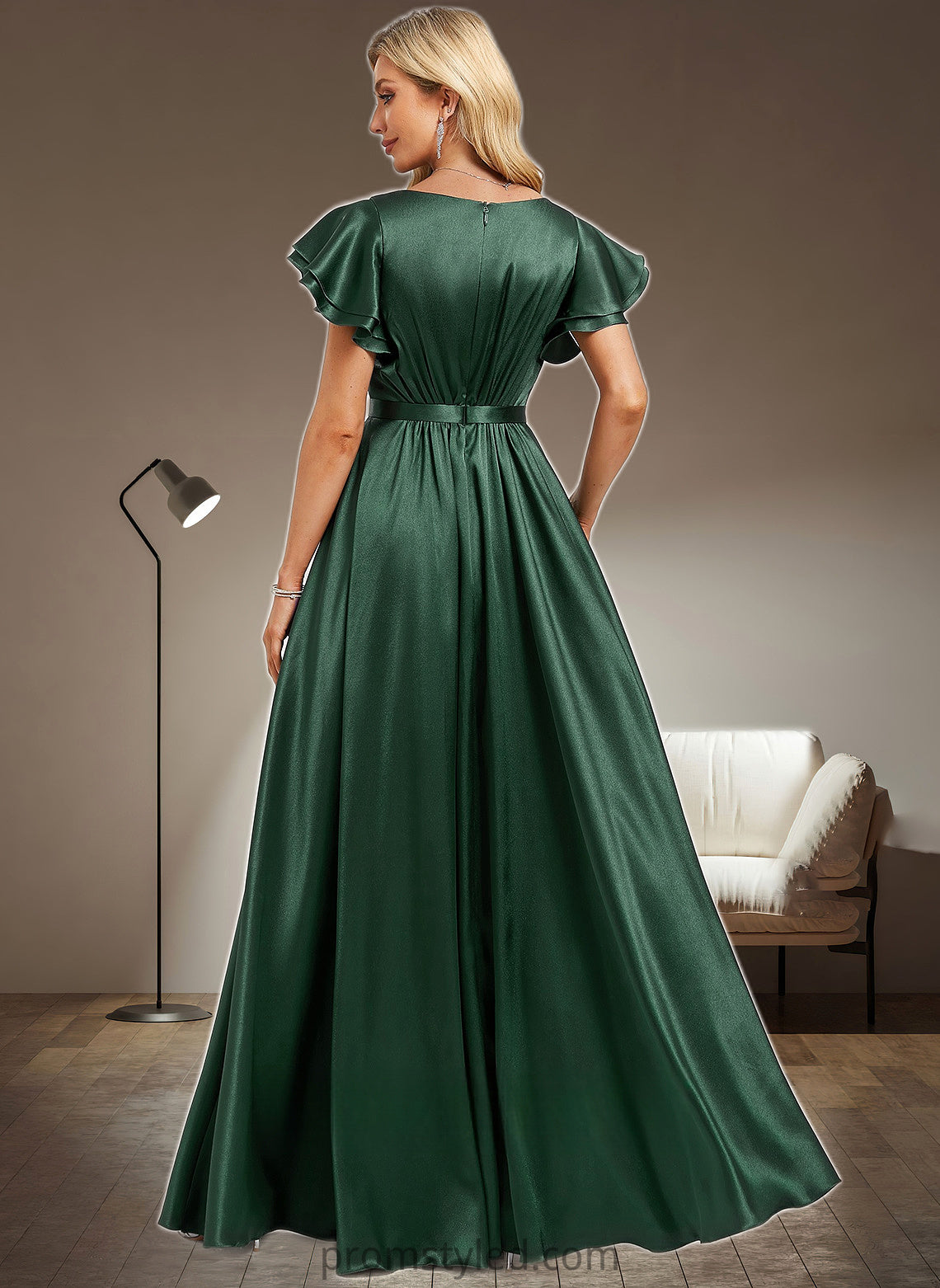 Kyra A-line Scoop Floor-Length Stretch Satin Bridesmaid Dress With Ruffle HLP0025770