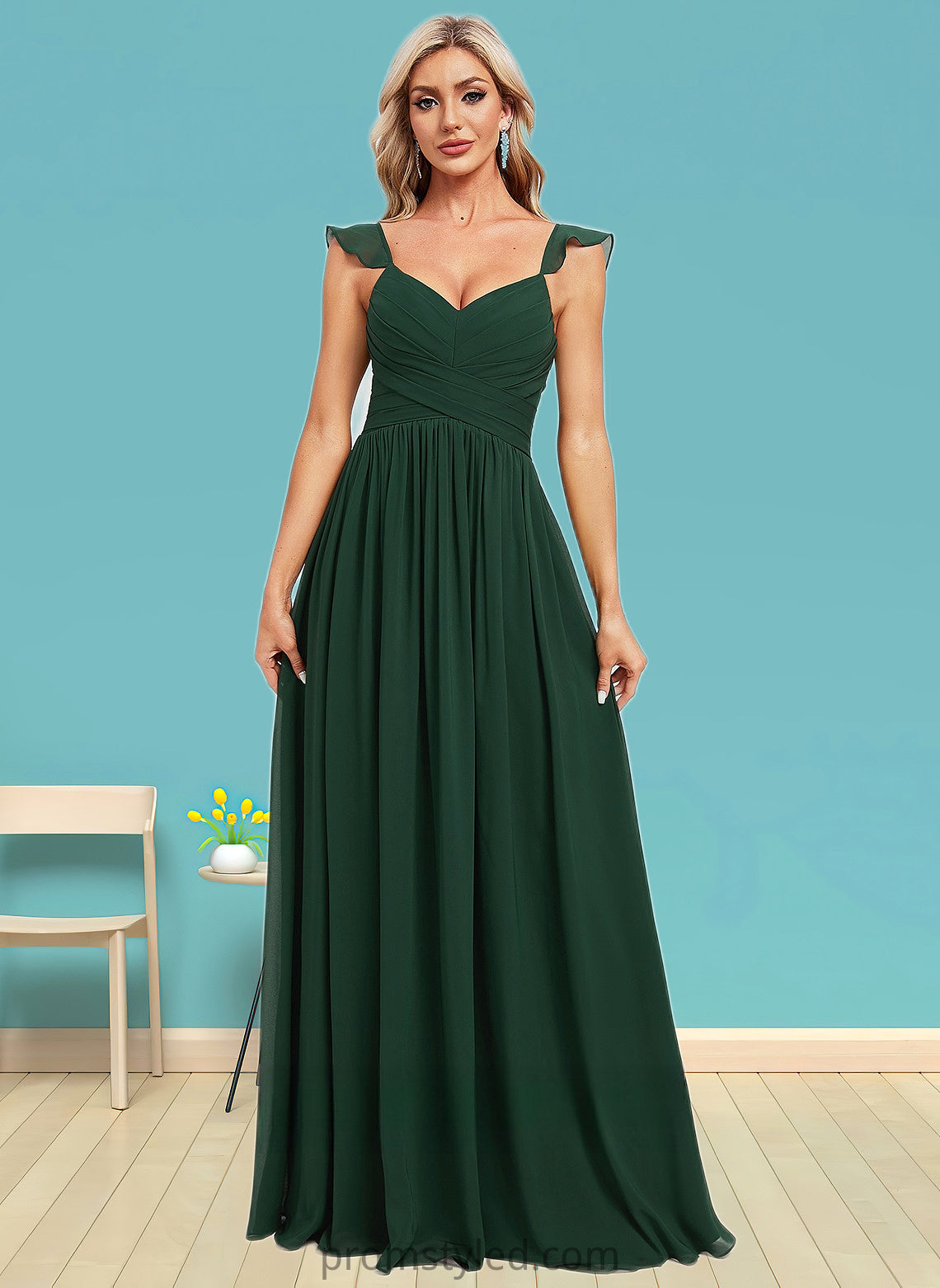 Marian A-line V-Neck Floor-Length Chiffon Bridesmaid Dress With Ruffle HLP0025811