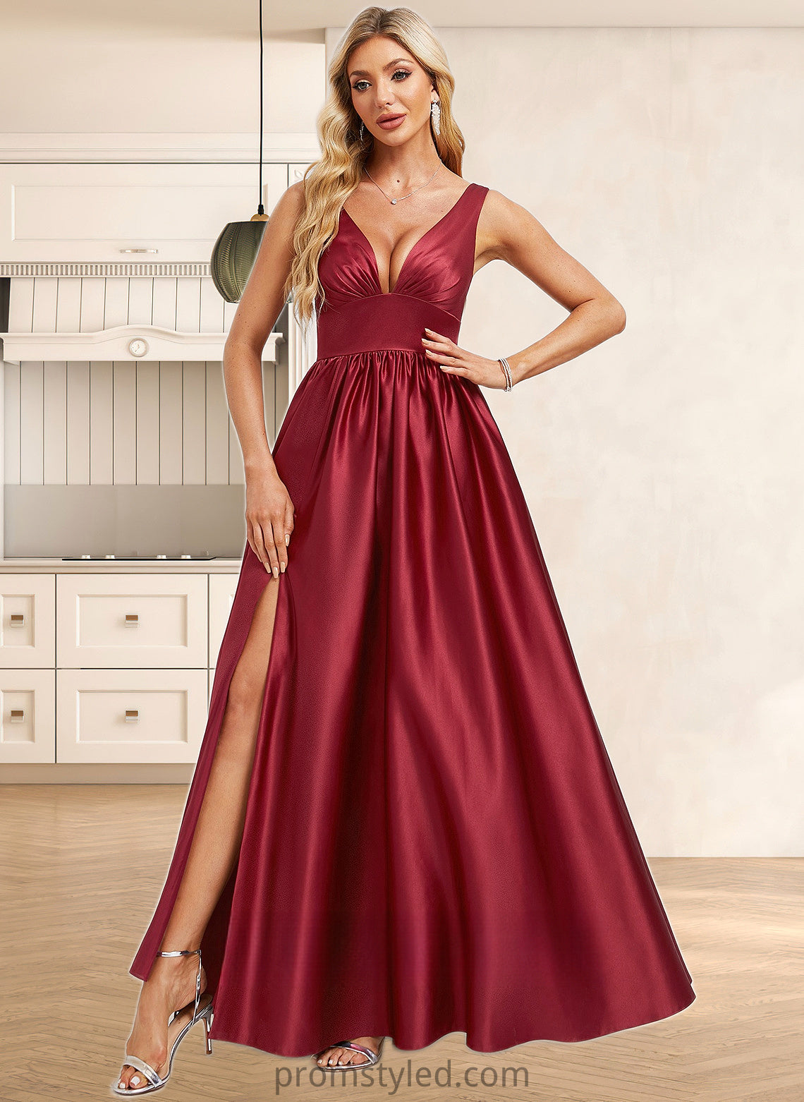 Gwendolyn A-line V-Neck Floor-Length Satin Bridesmaid Dress HLP0025775