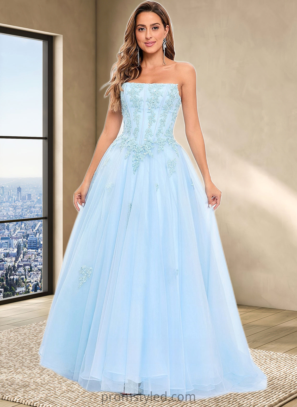 Makena Ball-Gown/Princess Straight Sweep Train Tulle Prom Dresses With Sequins Appliques Lace HLP0025864