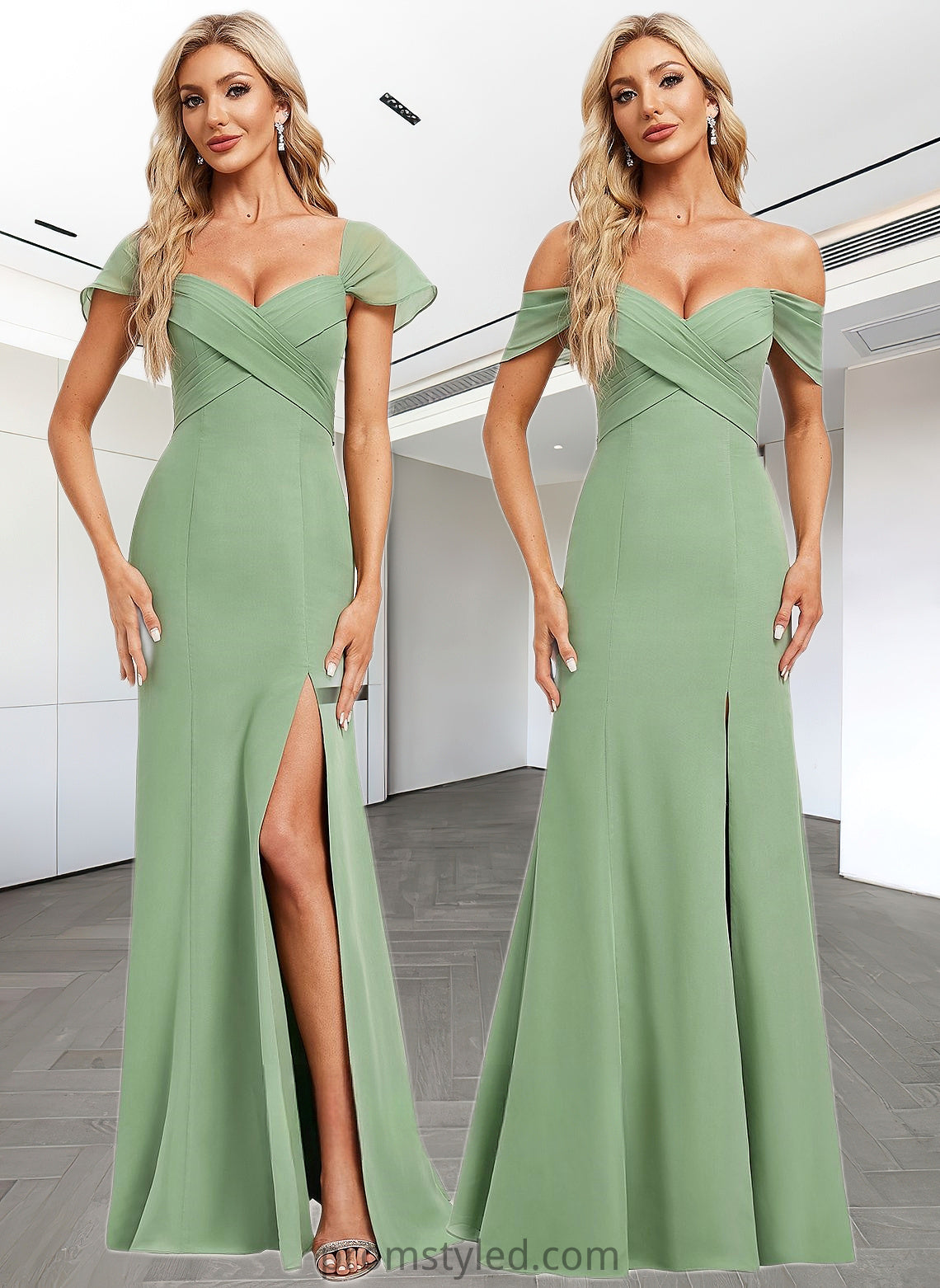 Joselyn Trumpet/Mermaid Off the Shoulder V-Neck Floor-Length Chiffon Bridesmaid Dress HLP0025810