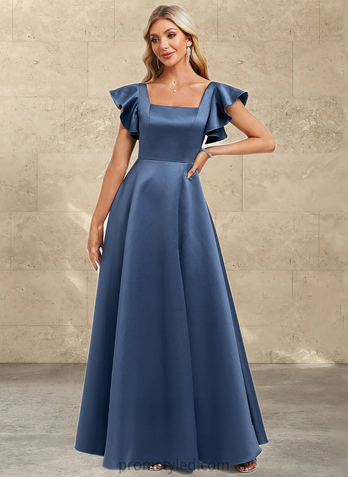 Frida A-line Square Floor-Length Satin Bridesmaid Dress With Ruffle HLP0025774